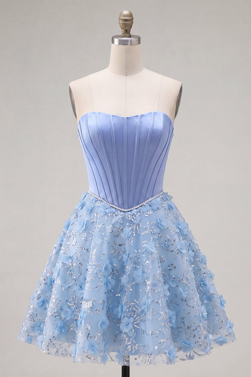 Load image into Gallery viewer, Sparkly Blue A Line Corset Floral Strapless Short Beaded Prom Dress