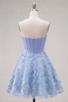 Load image into Gallery viewer, Sparkly Blue A Line Corset Floral Strapless Short Beaded Prom Dress