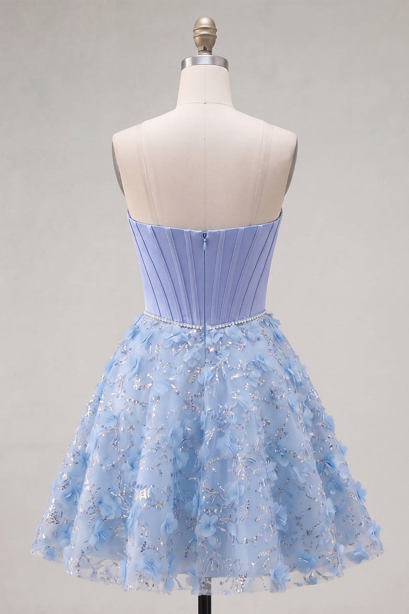 Load image into Gallery viewer, Sparkly Blue A Line Corset Floral Strapless Short Beaded Prom Dress