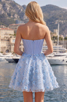 Load image into Gallery viewer, Sparkly Blue A Line Corset Floral Strapless Short Beaded Prom Dress