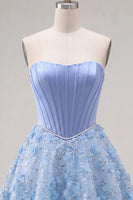 Load image into Gallery viewer, Sparkly Blue A Line Corset Floral Strapless Short Beaded Prom Dress