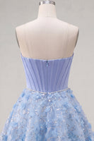 Load image into Gallery viewer, Sparkly Blue A Line Corset Floral Strapless Short Beaded Prom Dress