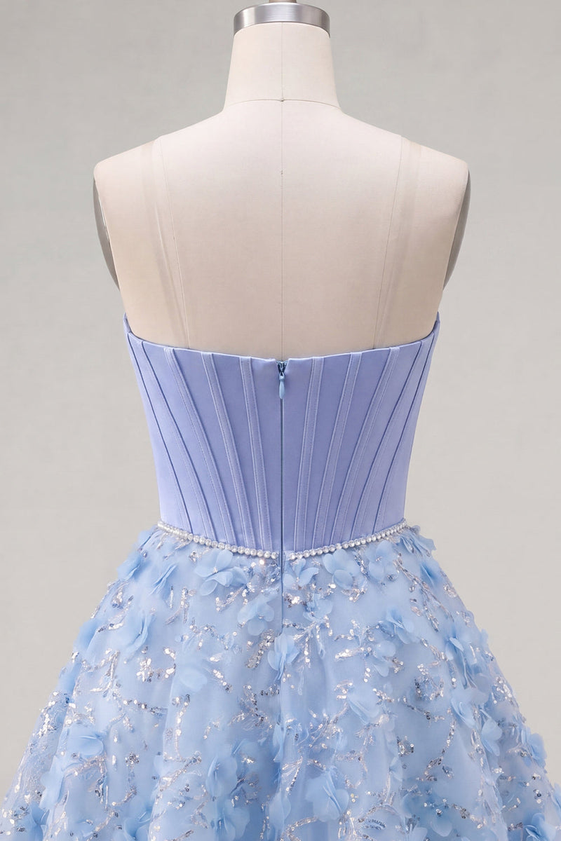 Load image into Gallery viewer, Sparkly Blue A Line Corset Floral Strapless Short Beaded Prom Dress