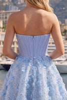 Load image into Gallery viewer, Sparkly Blue A Line Corset Floral Strapless Short Beaded Prom Dress