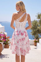 Load image into Gallery viewer, White Fuchsia Flower Keyhole A Line Corset Short Prom Dress with Ruffles