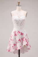 Load image into Gallery viewer, White Fuchsia Flower Keyhole A Line Corset Short Prom Dress with Ruffles