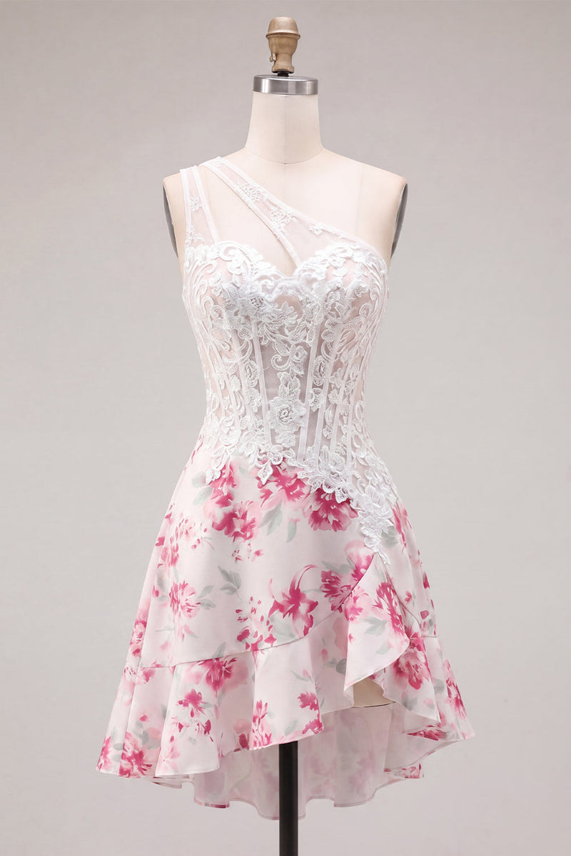 Load image into Gallery viewer, White Fuchsia Flower Keyhole A Line Corset Short Prom Dress with Ruffles