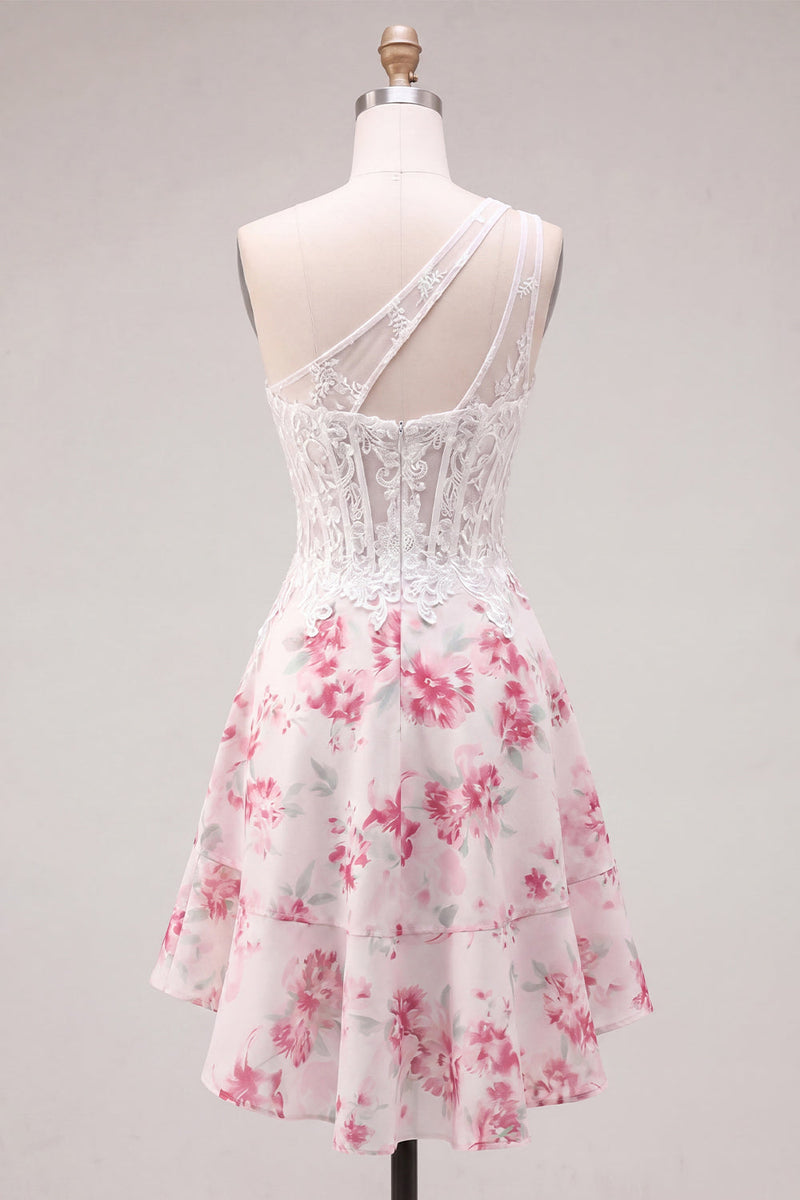 Load image into Gallery viewer, White Fuchsia Flower Keyhole A Line Corset Short Prom Dress with Ruffles