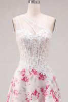 Load image into Gallery viewer, White Fuchsia Flower Keyhole A Line Corset Short Prom Dress with Ruffles