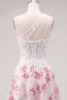 Load image into Gallery viewer, White Fuchsia Flower Keyhole A Line Corset Short Prom Dress with Ruffles