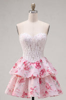 Load image into Gallery viewer, Strapless White Fuchsia Flower A Line Corset Short Prom Dress with Ruffles