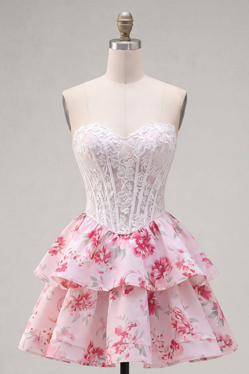 Load image into Gallery viewer, Strapless White Fuchsia Flower A Line Corset Short Prom Dress with Ruffles