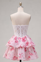Load image into Gallery viewer, Strapless White Fuchsia Flower A Line Corset Short Prom Dress with Ruffles