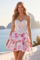 Load image into Gallery viewer, Strapless White Fuchsia Flower A Line Corset Short Prom Dress with Ruffles