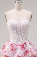 Load image into Gallery viewer, Strapless White Fuchsia Flower A Line Corset Short Prom Dress with Ruffles