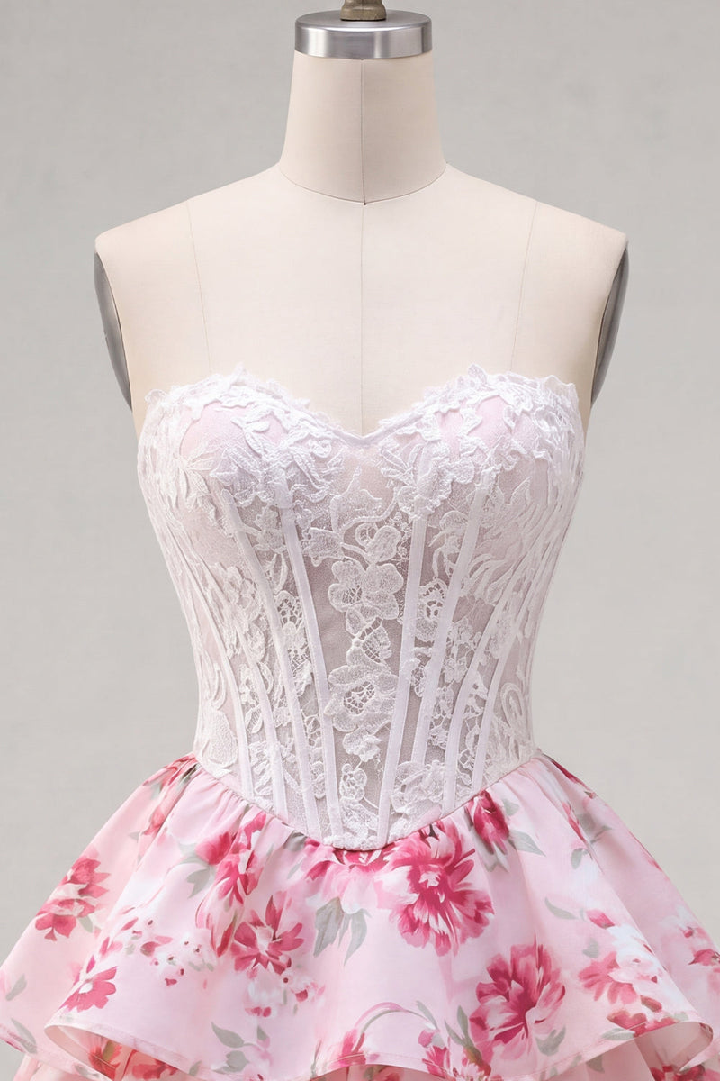 Load image into Gallery viewer, Strapless White Fuchsia Flower A Line Corset Short Prom Dress with Ruffles