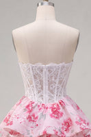 Load image into Gallery viewer, Strapless White Fuchsia Flower A Line Corset Short Prom Dress with Ruffles