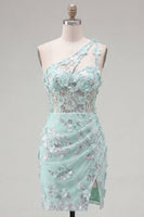 Load image into Gallery viewer, Floral Sparkly Mint Tight Corset Short Keyhole Beaded Prom Dress with Slit