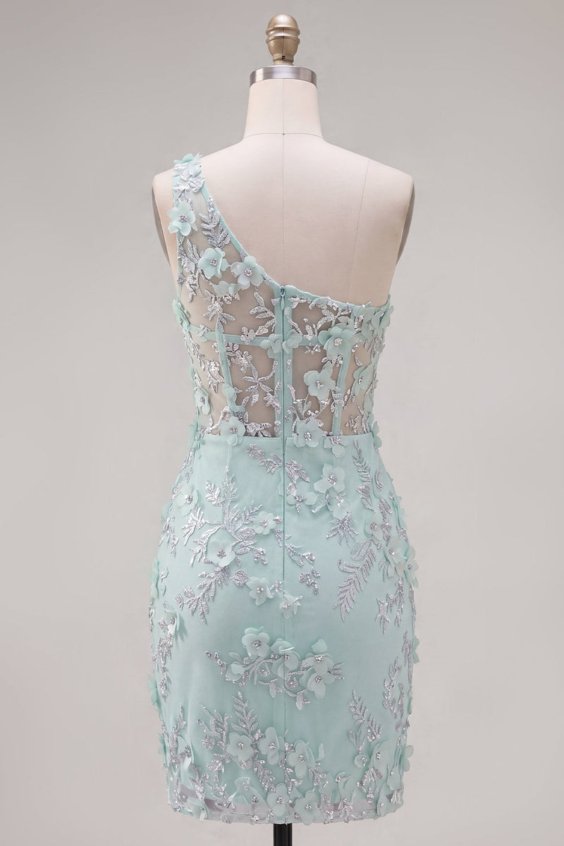 Load image into Gallery viewer, Floral Sparkly Mint Tight Corset Short Keyhole Beaded Prom Dress with Slit