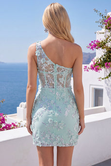 Floral Sparkly Mint Tight Corset Short Keyhole Beaded Prom Dress with Slit
