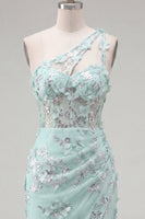 Load image into Gallery viewer, Floral Sparkly Mint Tight Corset Short Keyhole Beaded Prom Dress with Slit
