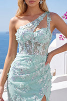 Load image into Gallery viewer, Floral Sparkly Mint Tight Corset Short Keyhole Beaded Prom Dress with Slit