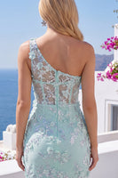 Load image into Gallery viewer, Floral Sparkly Mint Tight Corset Short Keyhole Beaded Prom Dress with Slit
