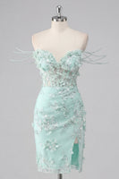 Load image into Gallery viewer, Sparkly Mint Corset Tight Floral Short Ruched Beaded Prom Dress with Slit