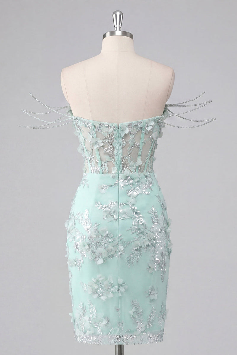 Load image into Gallery viewer, Sparkly Mint Corset Tight Floral Short Ruched Beaded Prom Dress with Slit