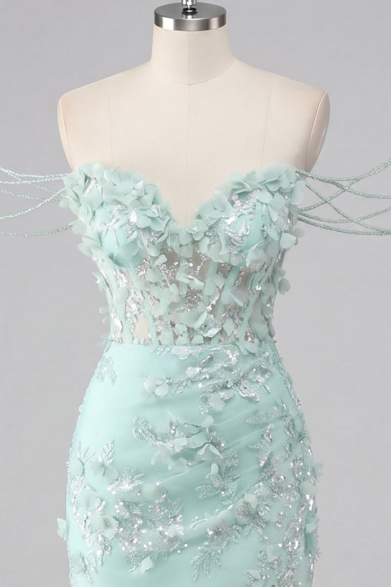 Load image into Gallery viewer, Sparkly Mint Corset Tight Floral Short Ruched Beaded Prom Dress with Slit