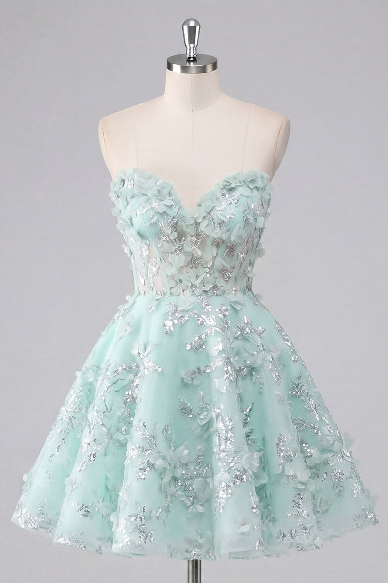Load image into Gallery viewer, Floral Sparkly Mint Corset Short Sweetheart Beaded A Line Prom Dress