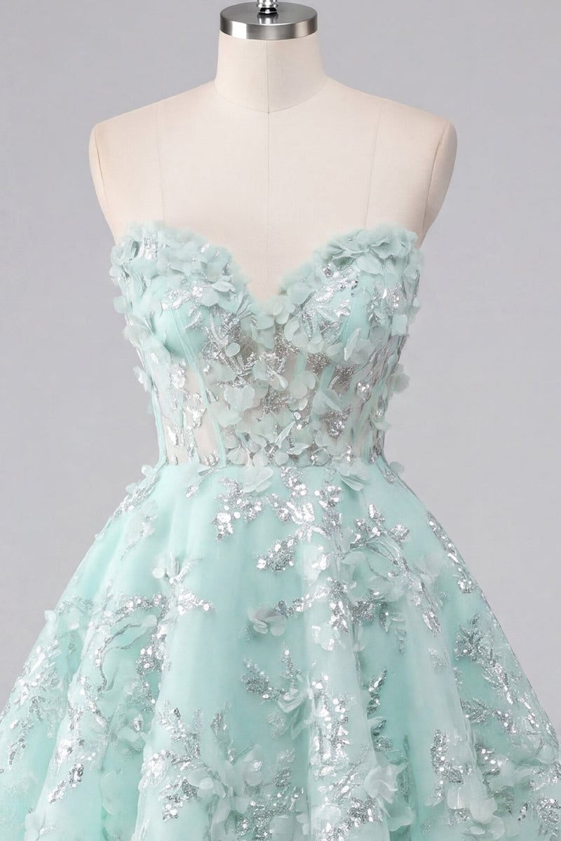 Load image into Gallery viewer, Floral Sparkly Mint Corset Short Sweetheart Beaded A Line Prom Dress