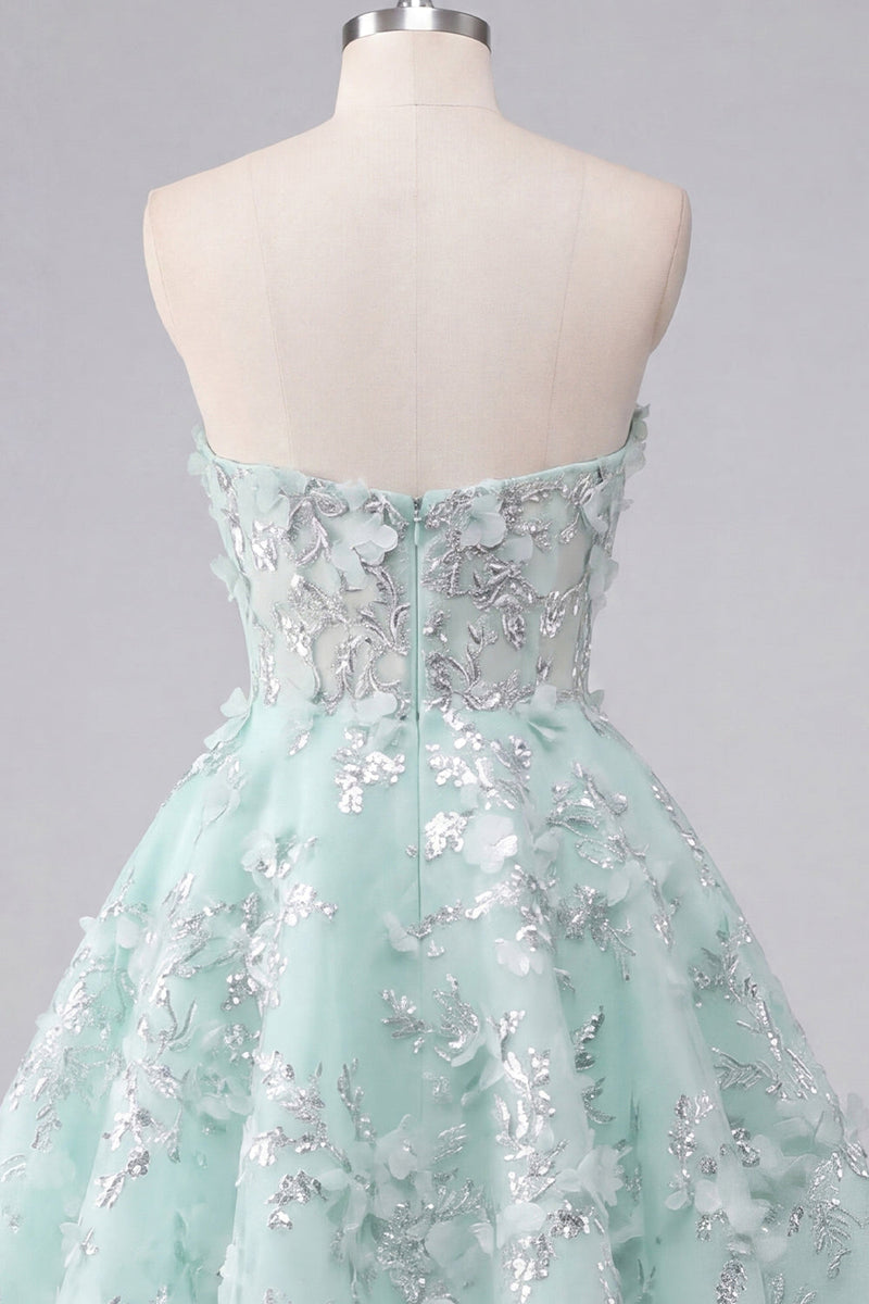 Load image into Gallery viewer, Floral Sparkly Mint Corset Short Sweetheart Beaded A Line Prom Dress