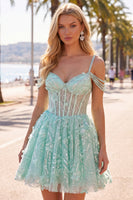 Load image into Gallery viewer, Cold Shoulder Floral Sparkly Mint Short Corset A Line Beaded Prom Dress