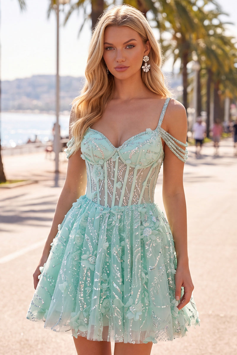 Load image into Gallery viewer, Cold Shoulder Floral Sparkly Mint Short Corset A Line Beaded Prom Dress