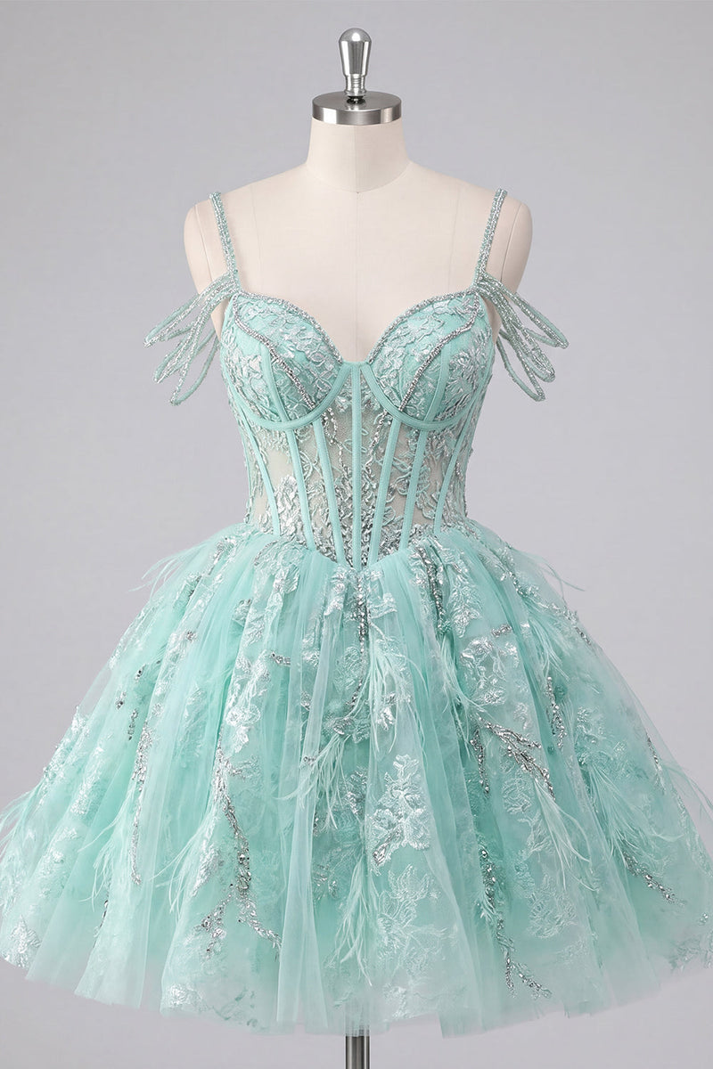 Load image into Gallery viewer, Cold Shoulder Floral Sparkly Mint Short Corset A Line Beaded Prom Dress