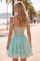 Load image into Gallery viewer, Cold Shoulder Floral Sparkly Mint Short Corset A Line Beaded Prom Dress