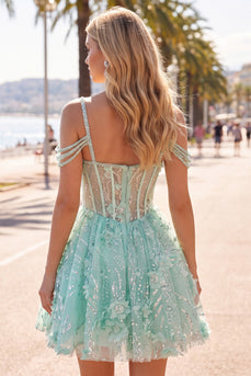 Cold Shoulder Floral Sparkly Mint Short Corset A Line Beaded Prom Dress