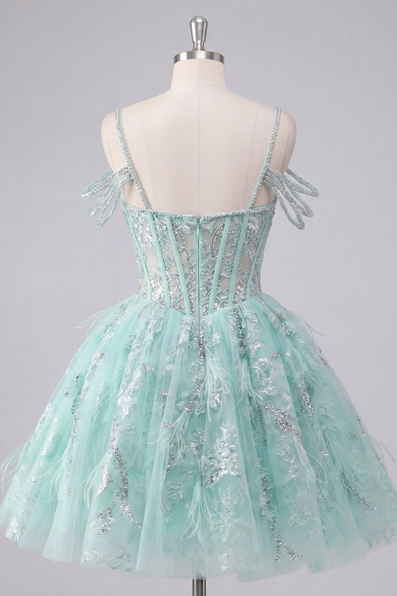 Load image into Gallery viewer, Cold Shoulder Floral Sparkly Mint Short Corset A Line Beaded Prom Dress