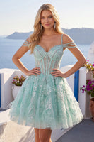 Load image into Gallery viewer, Cold Shoulder Floral Sparkly Mint Short Corset A Line Beaded Prom Dress