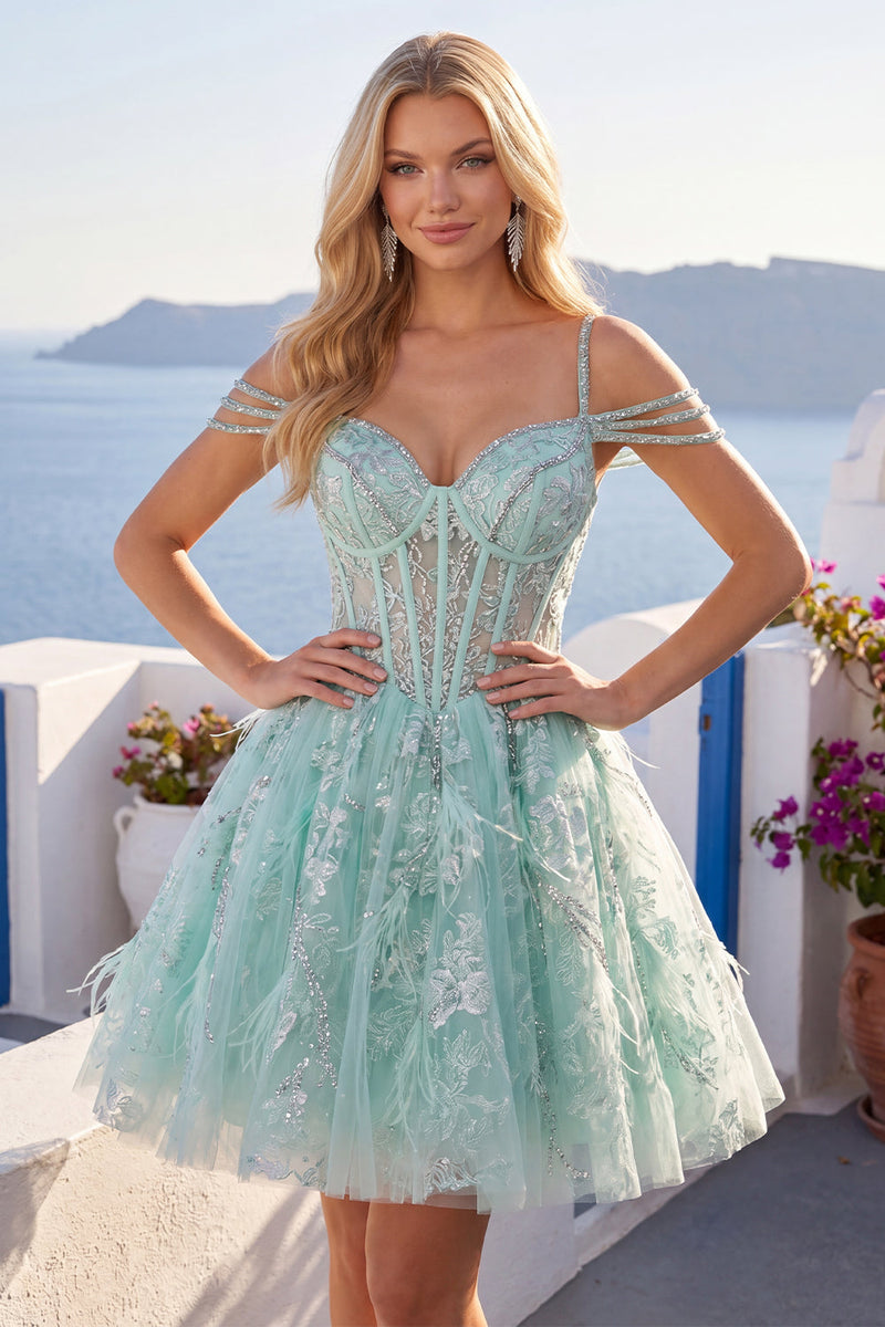 Load image into Gallery viewer, Cold Shoulder Floral Sparkly Mint Short Corset A Line Beaded Prom Dress