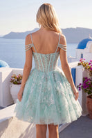 Load image into Gallery viewer, Cold Shoulder Floral Sparkly Mint Short Corset A Line Beaded Prom Dress