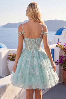 Cold Shoulder Floral Sparkly Mint Short Corset A Line Beaded Prom Dress