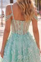 Load image into Gallery viewer, Cold Shoulder Floral Sparkly Mint Short Corset A Line Beaded Prom Dress