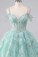 Load image into Gallery viewer, Cold Shoulder Floral Sparkly Mint Short Corset A Line Beaded Prom Dress