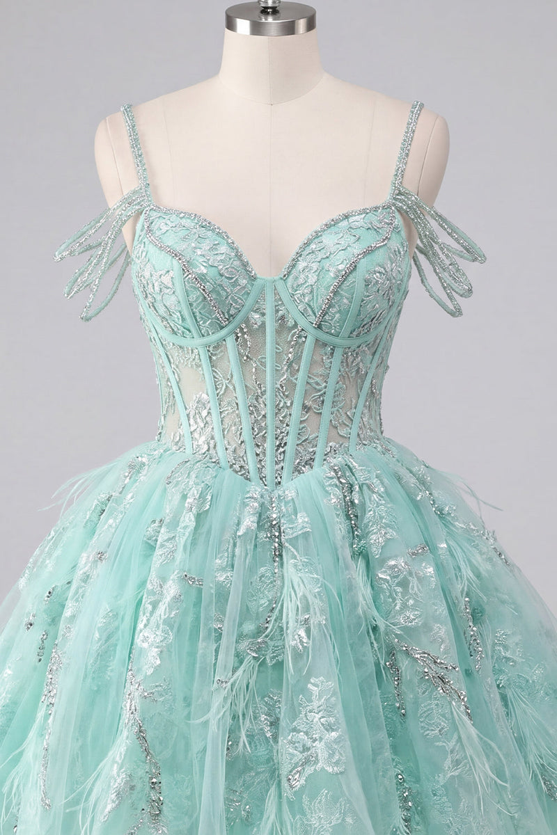 Load image into Gallery viewer, Cold Shoulder Floral Sparkly Mint Short Corset A Line Beaded Prom Dress