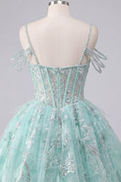 Load image into Gallery viewer, Cold Shoulder Floral Sparkly Mint Short Corset A Line Beaded Prom Dress