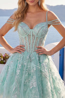 Load image into Gallery viewer, Cold Shoulder Floral Sparkly Mint Short Corset A Line Beaded Prom Dress