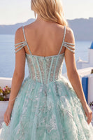 Load image into Gallery viewer, Cold Shoulder Floral Sparkly Mint Short Corset A Line Beaded Prom Dress
