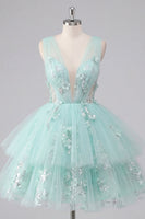 Load image into Gallery viewer, V-Neck Floral Sparkly Mint A Line Beaded Short Prom Dress with Ruffles